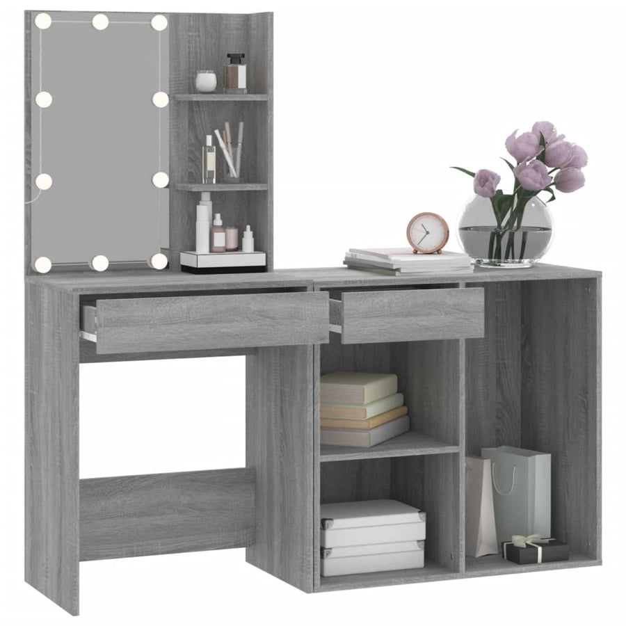 Kaptafel Met Kastjes Led Bewerkt Hout Eiken Grijs sonoma