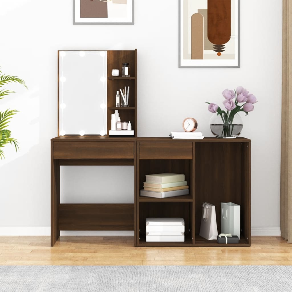 Kaptafel Met Kastjes Led Bewerkt Hout bruin eikenkleur