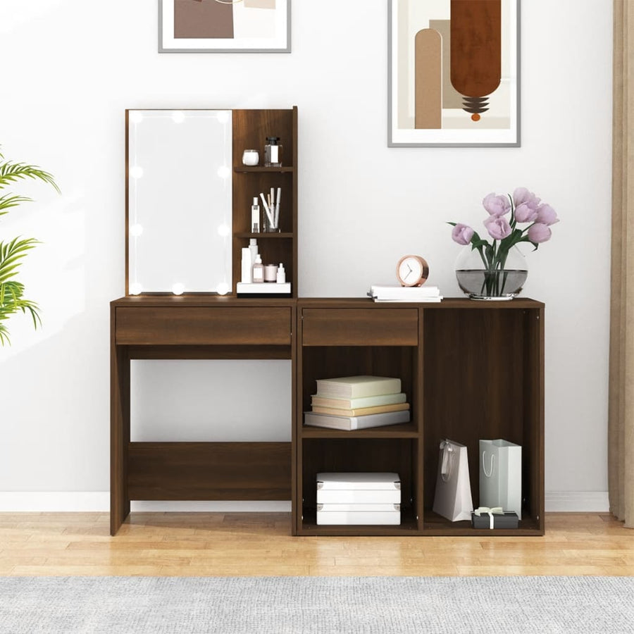 Kaptafel Met Kastjes Led Bewerkt Hout bruin eikenkleur