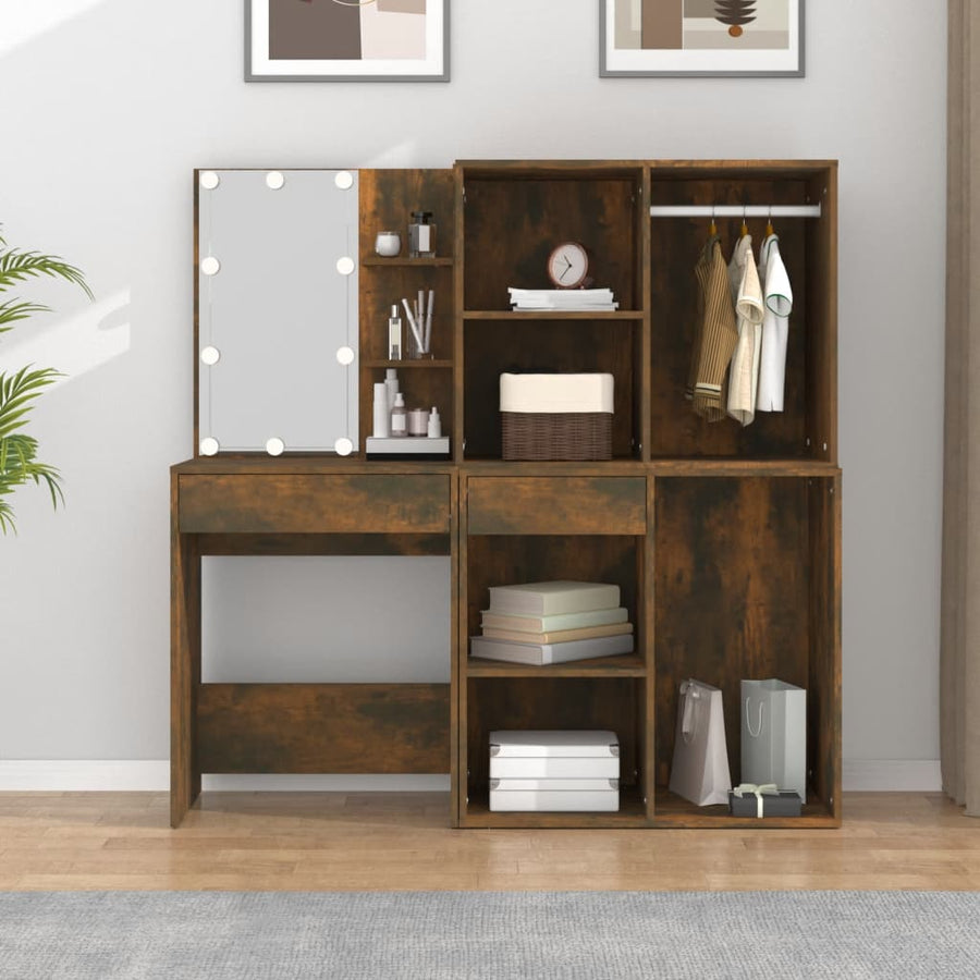 Kaptafel Met Kastjes En Led's Bewerkt Hout Gerookt Eikenkleurig 1