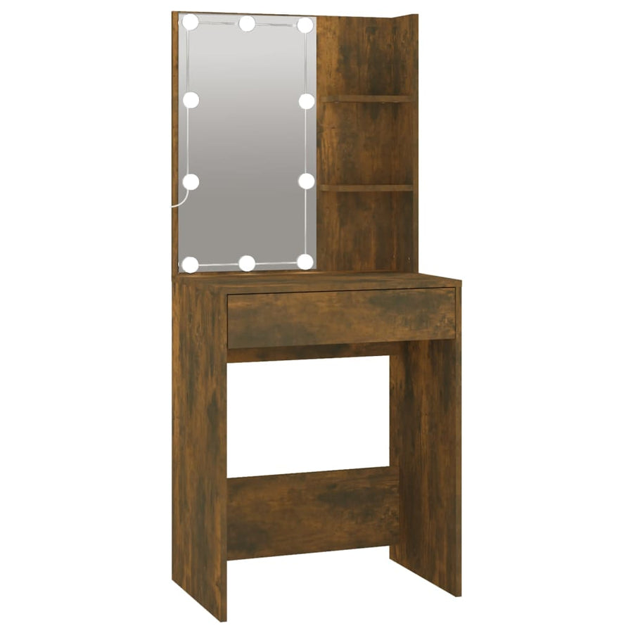 Kaptafel Met Kastjes En Led's Bewerkt Hout Gerookt Eikenkleurig 1