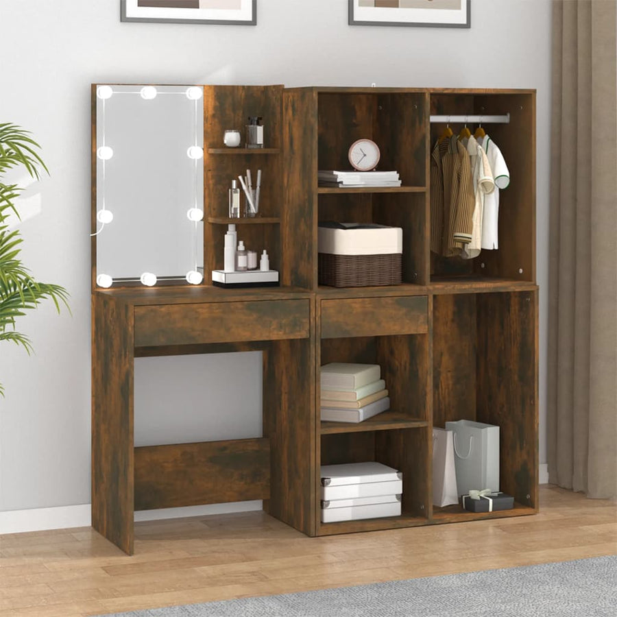 Kaptafel Met Kastjes En Led's Bewerkt Hout Gerookt Eikenkleurig 1