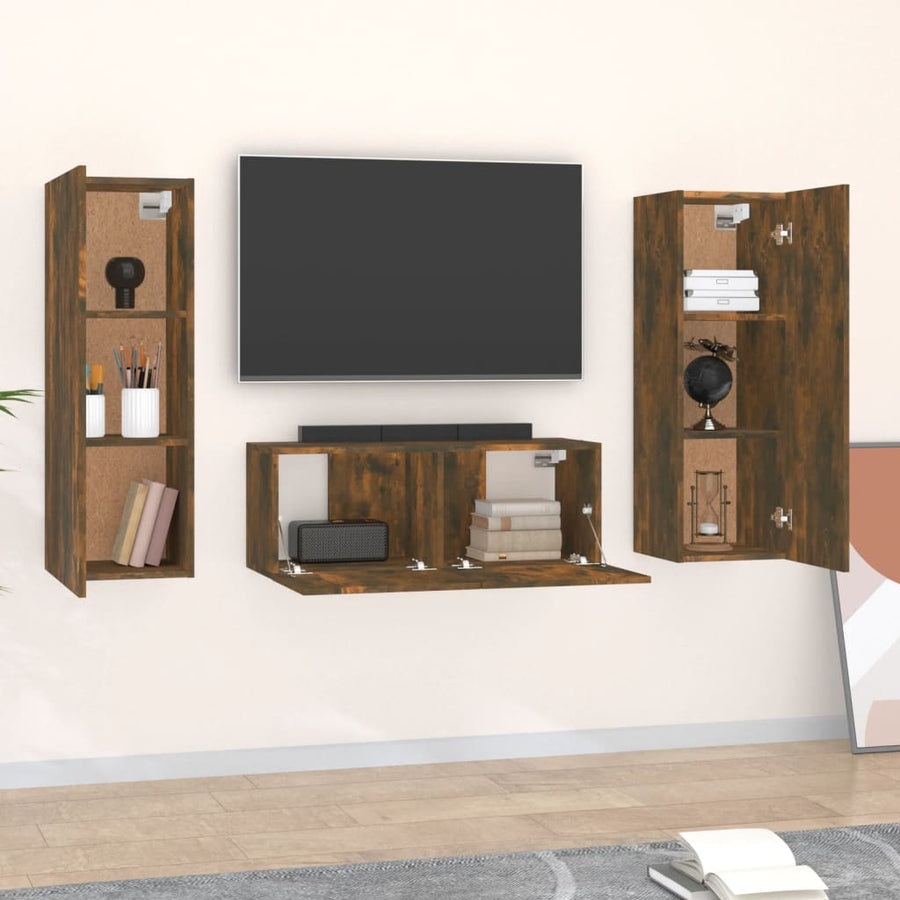 3-delige Tv-meubelset bewerkt hout gerookt eikenkleurig 80 x 30 x 30 cm Gerookt eiken