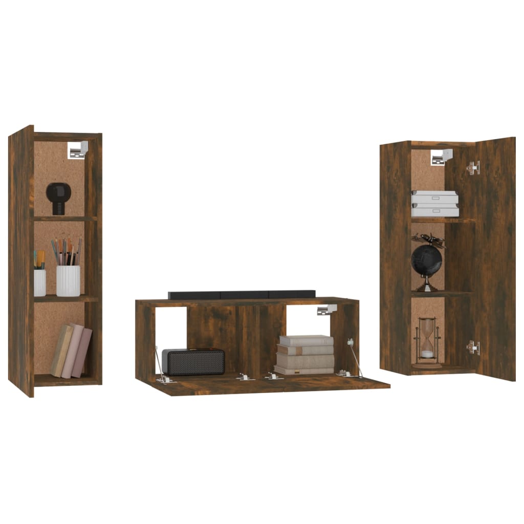 3-delige Tv-meubelset bewerkt hout gerookt eikenkleurig 80 x 30 x 30 cm Gerookt eiken