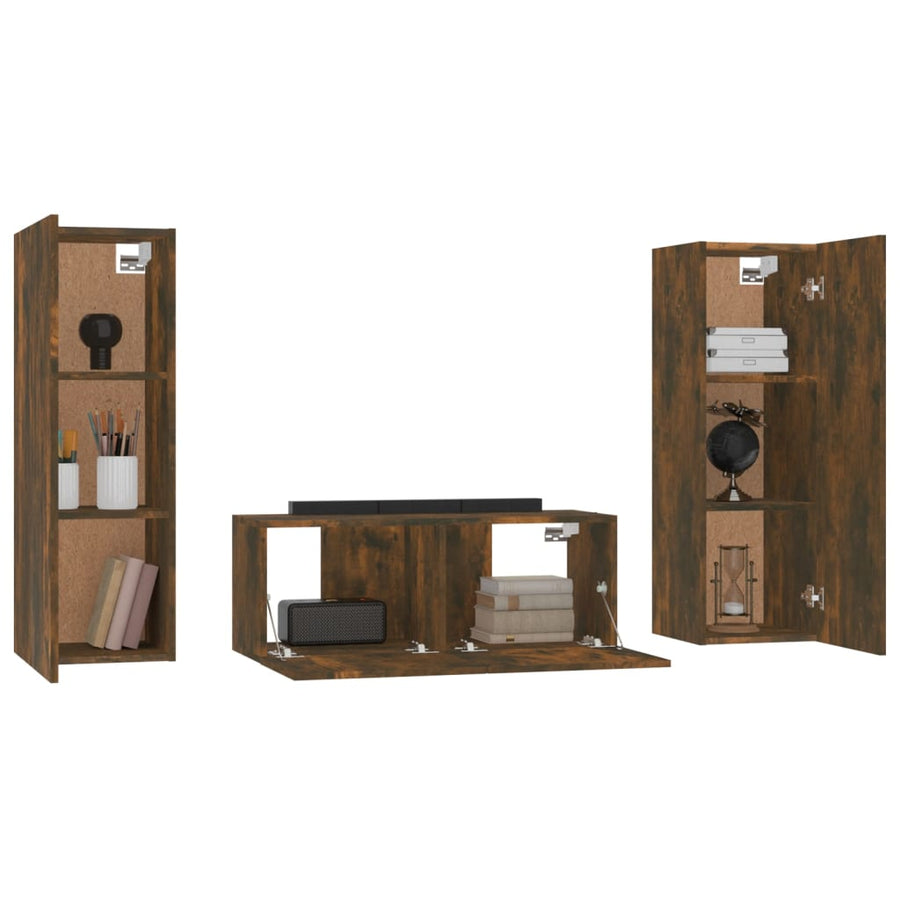 3-delige Tv-meubelset bewerkt hout gerookt eikenkleurig 80 x 30 x 30 cm Gerookt eiken