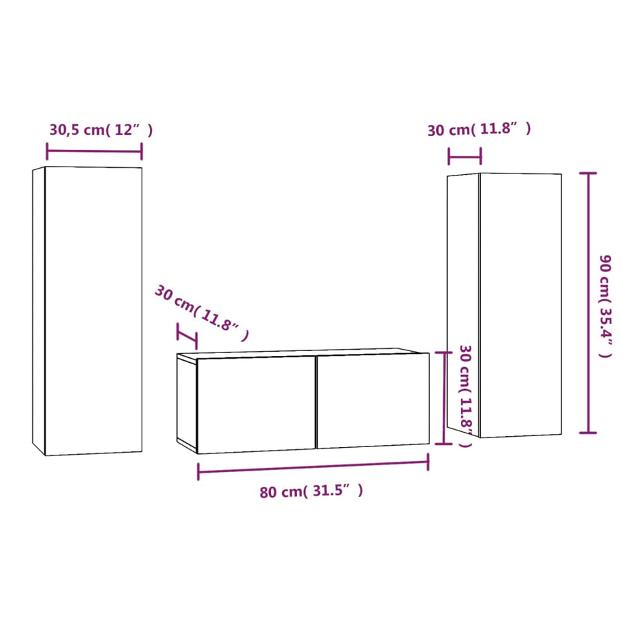 3-delige Tv-meubelset bewerkt hout gerookt eikenkleurig 80 x 30 x 30 cm Gerookt eiken