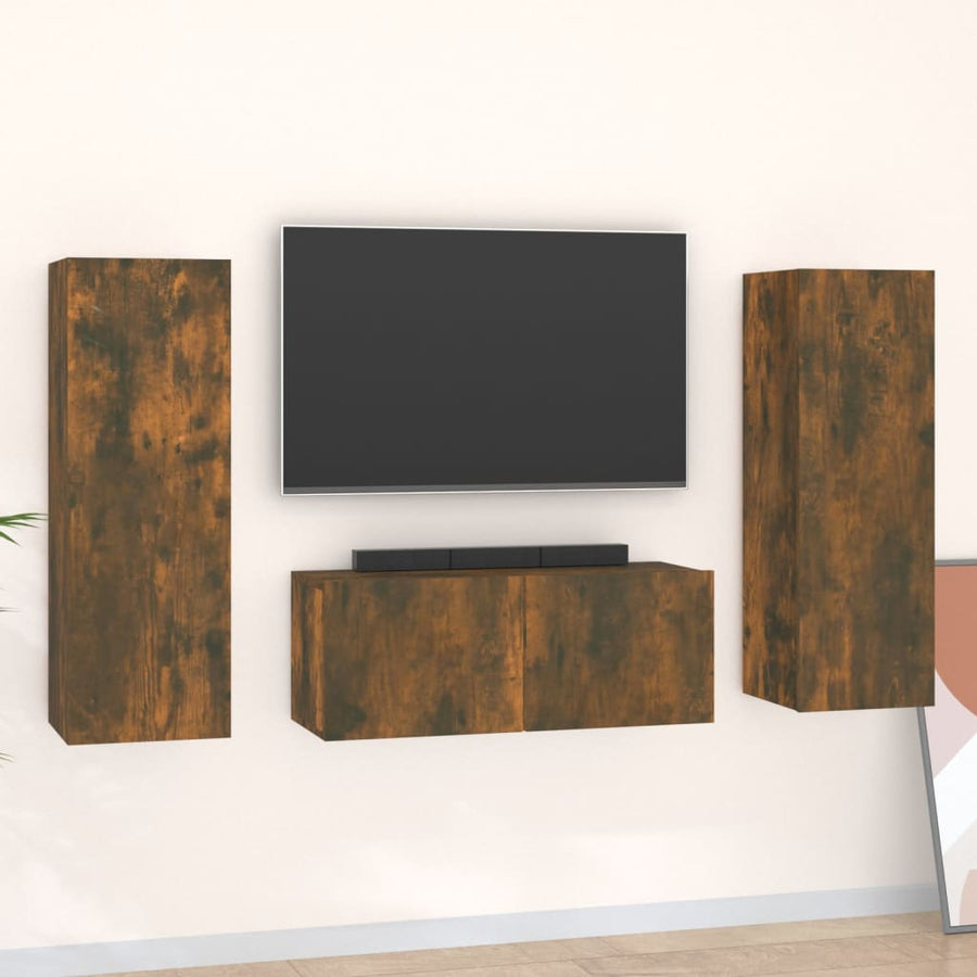 3-delige Tv-meubelset bewerkt hout gerookt eikenkleurig 80 x 30 x 30 cm Gerookt eiken