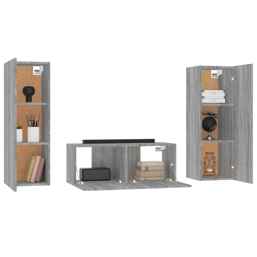 3-Delige Tv-Meubelset Bewerkt Hout Grijs Sonoma Eikenkleurig 80 x 30 x 30 cm
