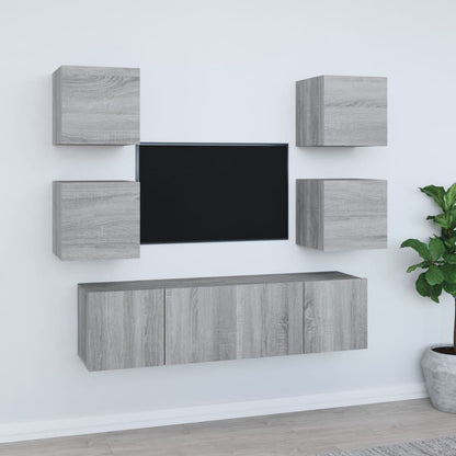 6-delige Tv-meubelset bewerkt hout grijs sonoma eikenkleurig