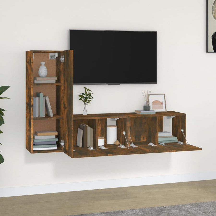 3-Delige Tv-Meubelset Bewerkt Hout Kleurig 60 x 30 x 30 cm Gerookt eiken