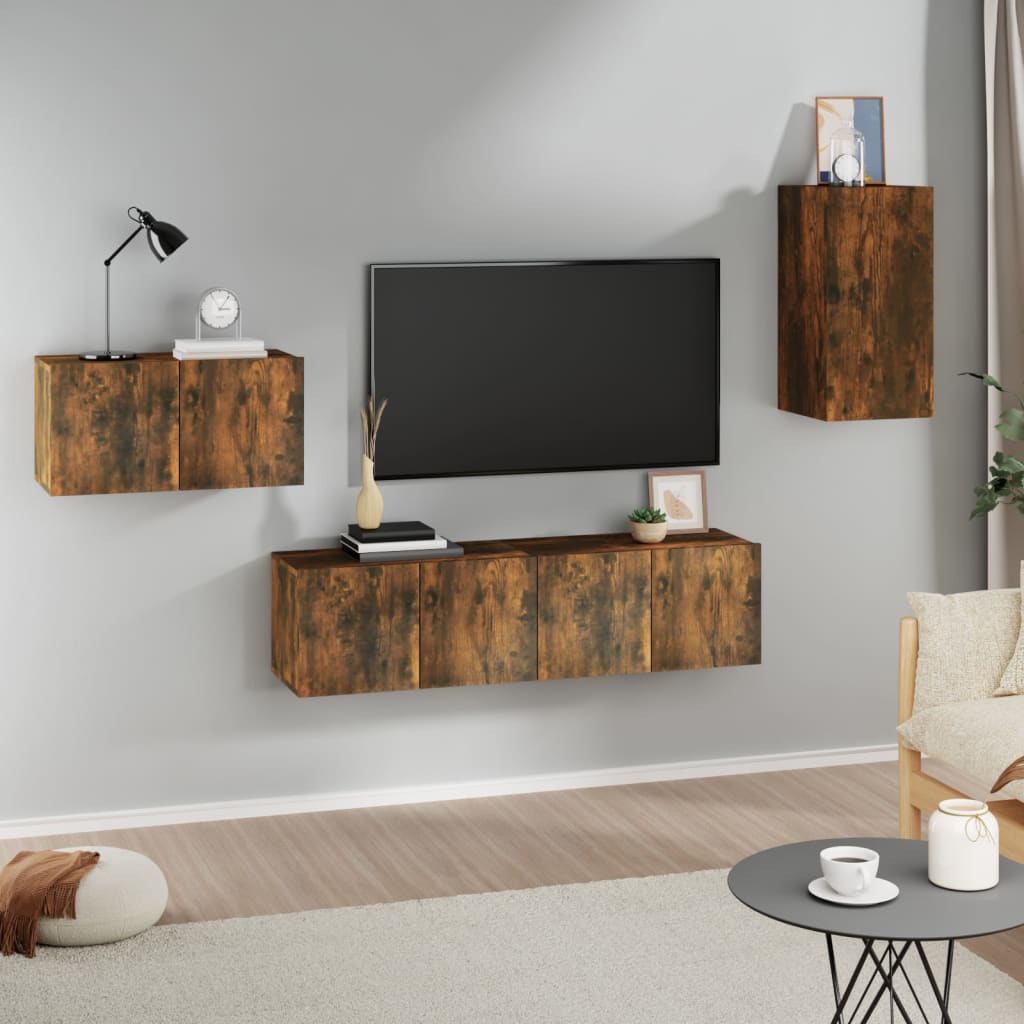 4-delige Tv-meubelset bewerkt hout gerookt eikenkleurig