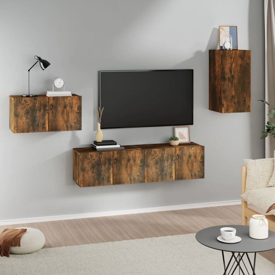 4-delige Tv-meubelset bewerkt hout gerookt eikenkleurig