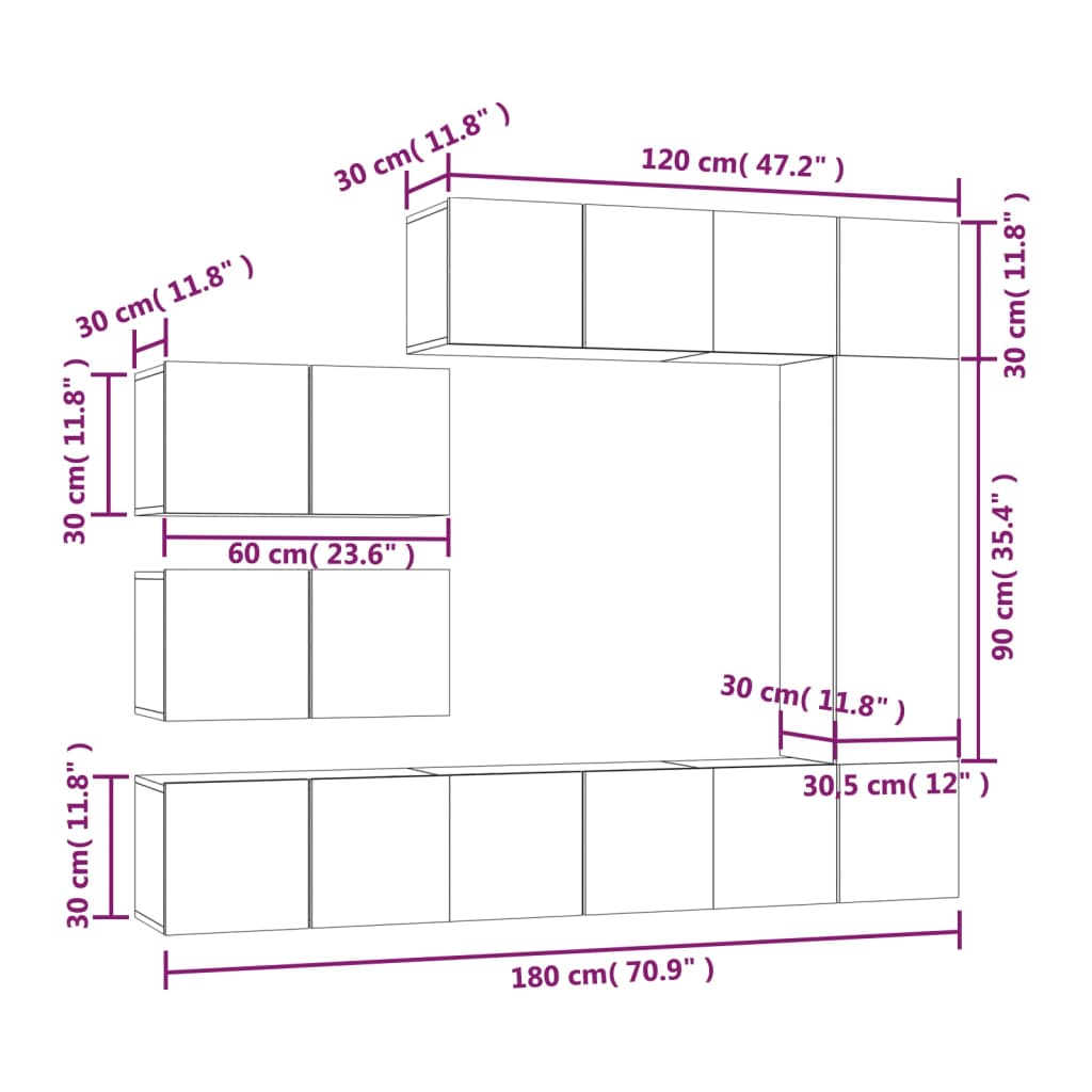 8-delige Tv-meubelset bewerkt hout gerookt eikenkleurig