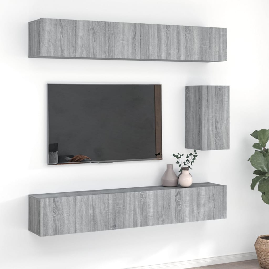 7-delige Tv-meubelset bewerkt hout grijs sonoma eikenkleurig