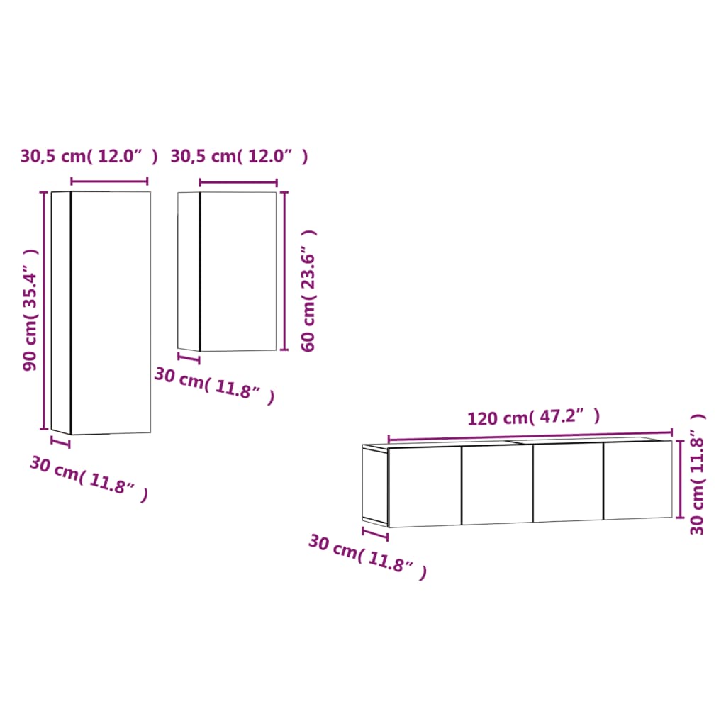 4-Delige Tv-Meubelset Bewerkt Hout Kleurig 60 x 30 x 30 cm Gerookt eiken