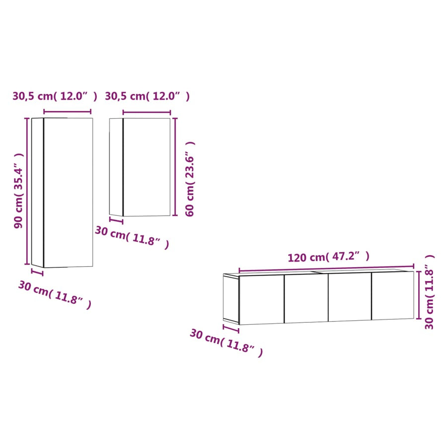 4-Delige Tv-Meubelset Bewerkt Hout Kleurig 60 x 30 x 30 cm Gerookt eiken