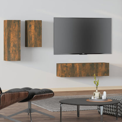 4-Delige Tv-Meubelset Bewerkt Hout Kleurig 60 x 30 x 30 cm Gerookt eiken