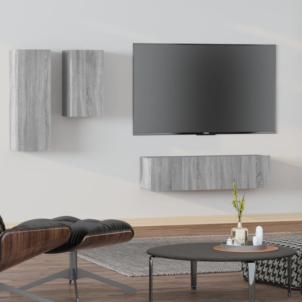 4-delige Tv-meubelset bewerkt hout grijs sonoma eikenkleurig