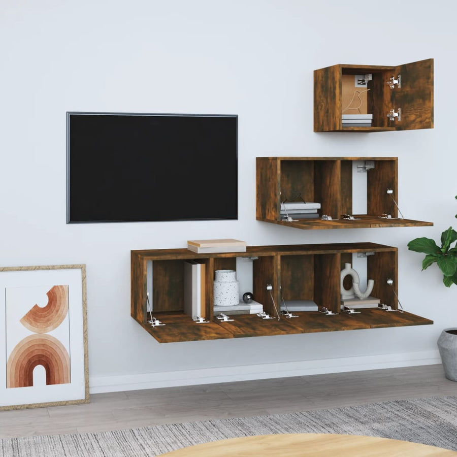 4-delige Tv-meubelset bewerkt hout gerookt eikenkleurig
