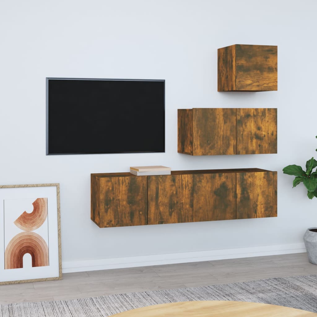 4-delige Tv-meubelset bewerkt hout gerookt eikenkleurig