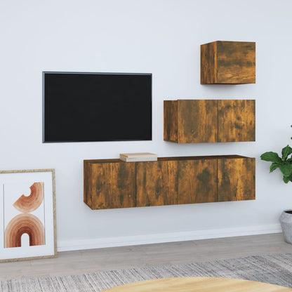 4-delige Tv-meubelset bewerkt hout gerookt eikenkleurig