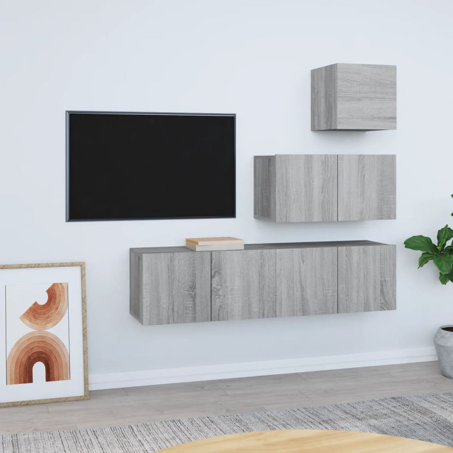 4-delige Tv-meubelset bewerkt hout grijs sonoma eikenkleurig