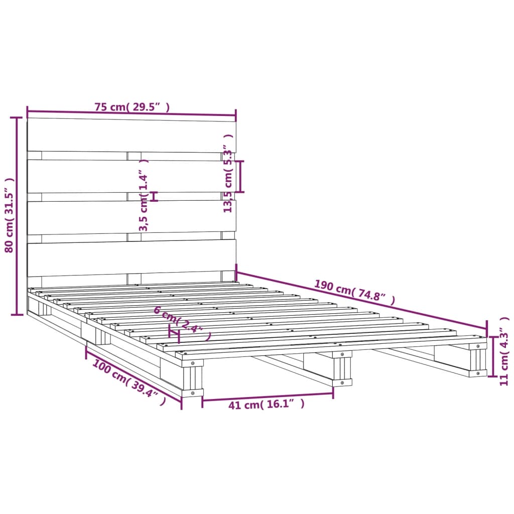 Bedframe Massief Grenenhout 2Ft6 Small Single 75 x 190 cm Wit