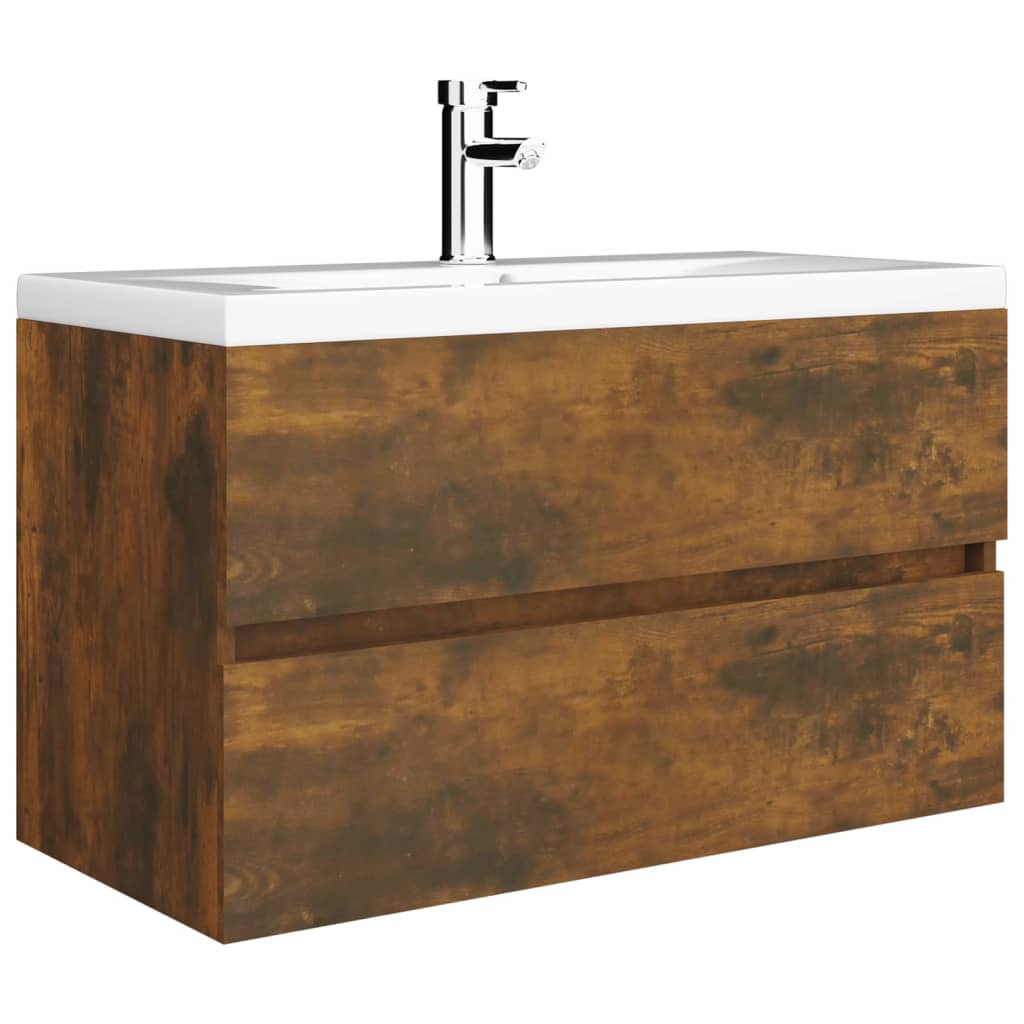 Wastafelkast met ingebouwde wasbak bewerkt hout gerookt eiken 1 80 x 38.5 x 45 cm Gerookt eiken