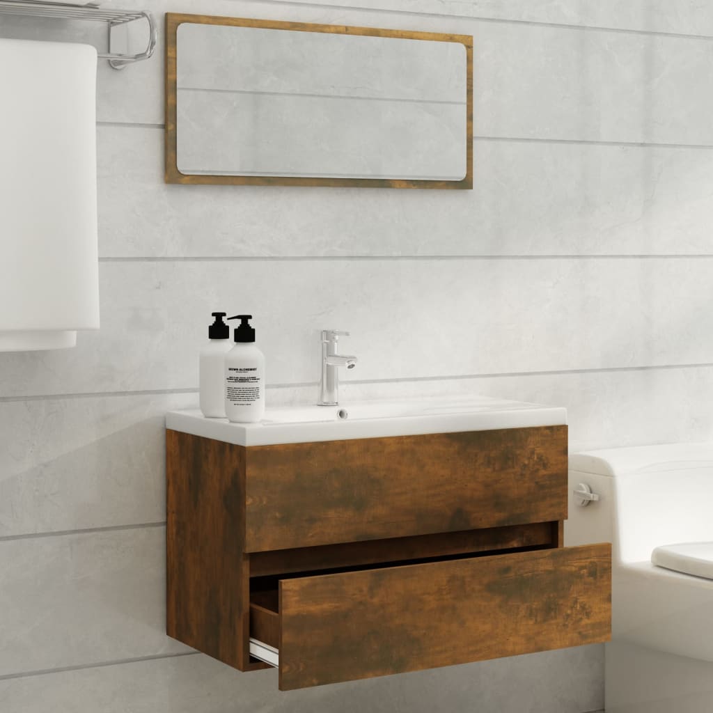Wastafelkast met ingebouwde wasbak bewerkt hout gerookt eiken 1 80 x 38.5 x 45 cm Gerookt eiken