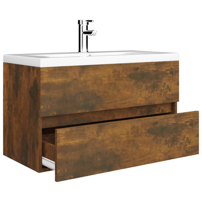 Wastafelkast met ingebouwde wasbak bewerkt hout gerookt eiken 1 80 x 38.5 x 45 cm Gerookt eiken
