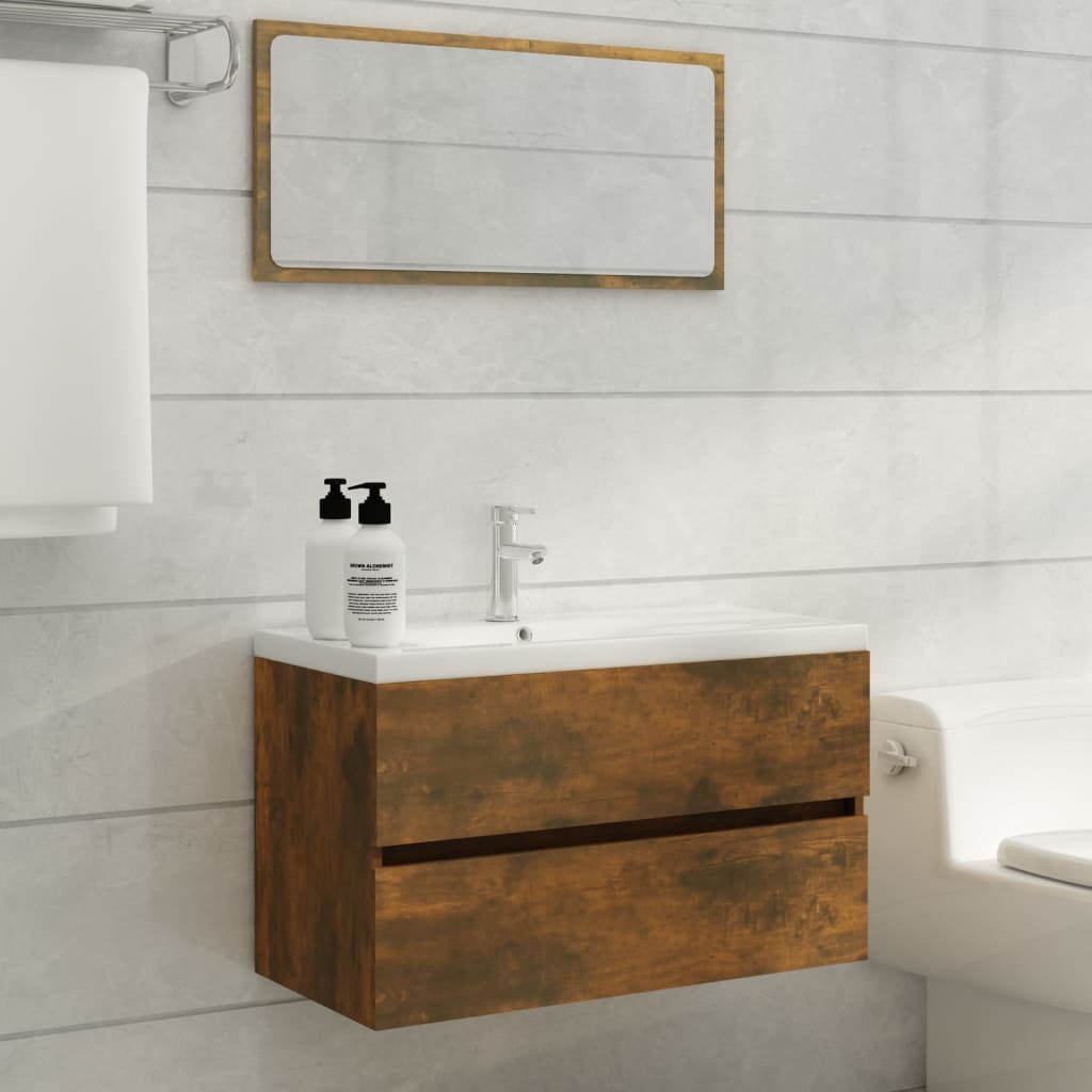 Wastafelkast met ingebouwde wasbak bewerkt hout gerookt eiken 1 80 x 38.5 x 45 cm Gerookt eiken