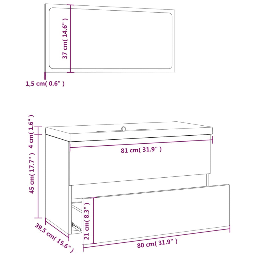 Badkamermeubelset Bewerkt Hout Kleurig Gerookt Eiken 80 x 39.5 x 45 cm zonder kraan