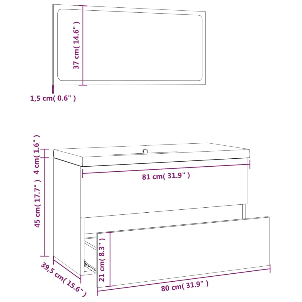 Badkamermeubelset Bewerkt Hout Eikenkleurig Grijs Sonoma 80 x 39.5 x 45 cm zonder kraan