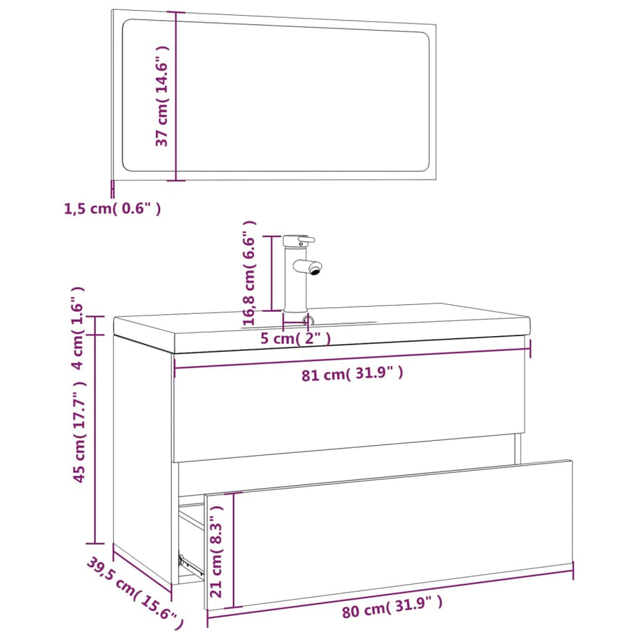 Badkamermeubelset Bewerkt Hout Eikenkleurig Grijs Sonoma 80 x 39.5 x 45 cm met kraan