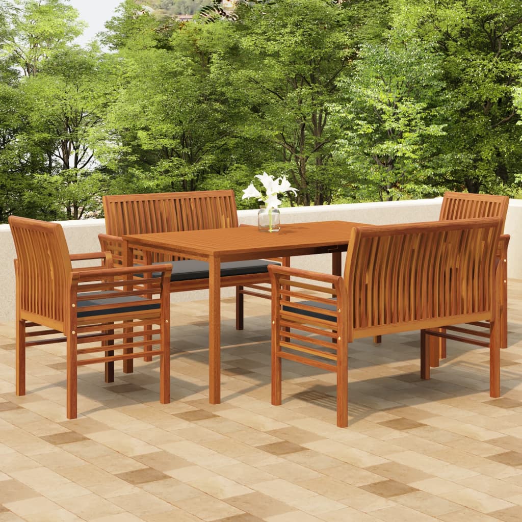 5-Delige Tuinset Met Kussens Massief Acaciahout Donkergrijs 2x Bank + 2x Fauteuil + Tafel