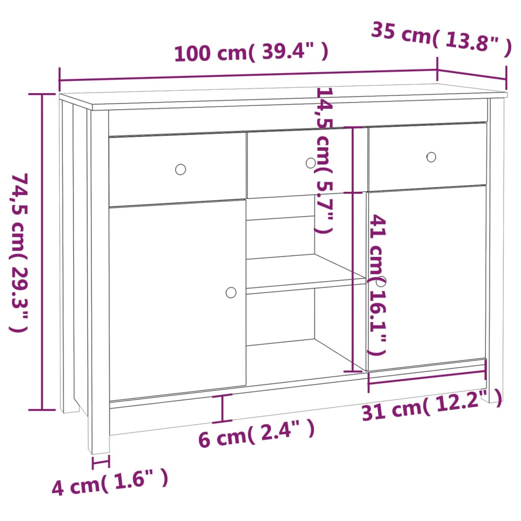 Dressoir 100X35X74,5 Cm Massief Grenenhout Zwart