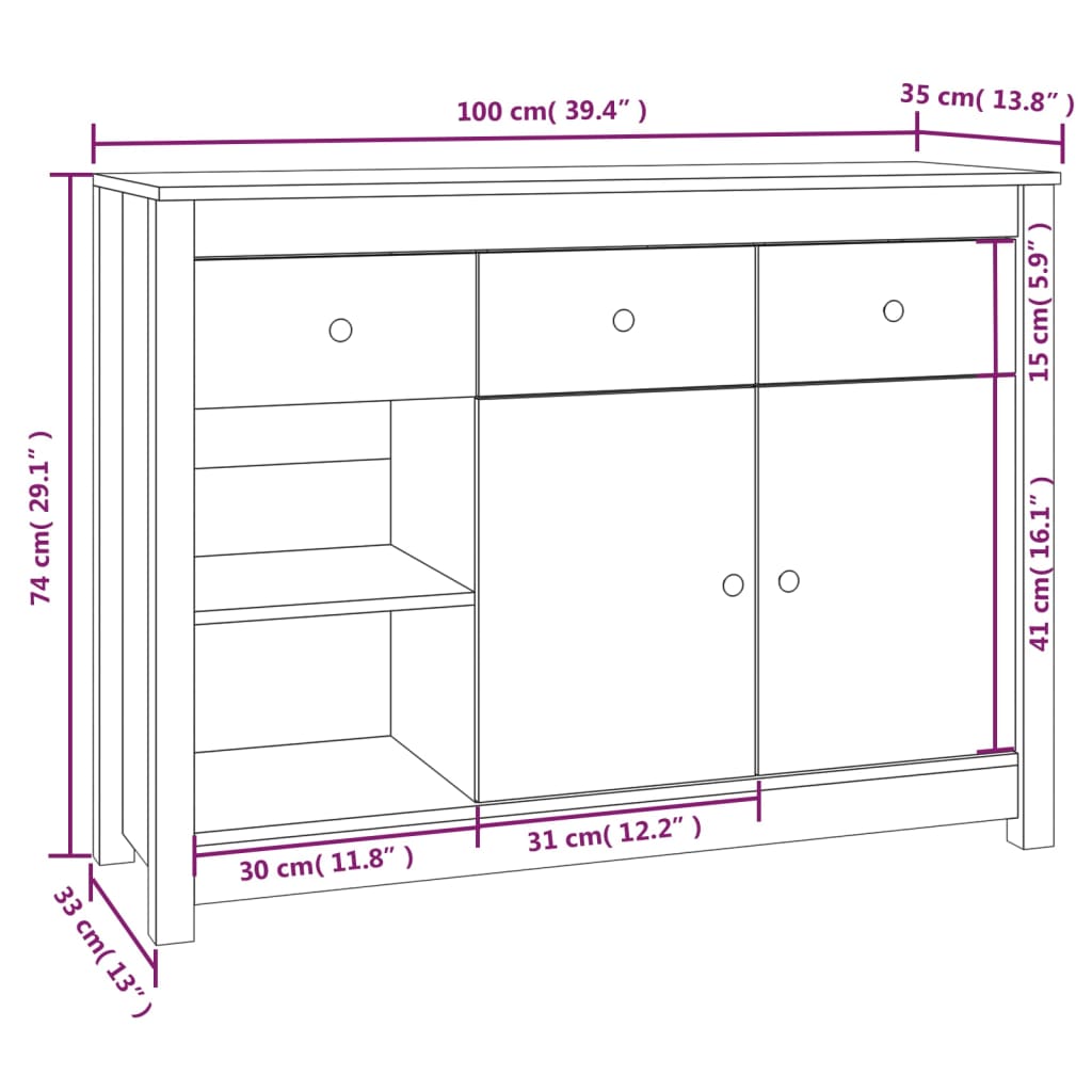 Dressoir 100X35X74 Cm Massief Grenenhout Honingbruin