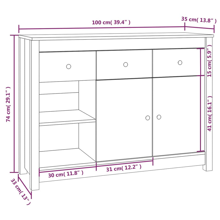 Dressoir 100X35X74 Cm Massief Grenenhout Honingbruin