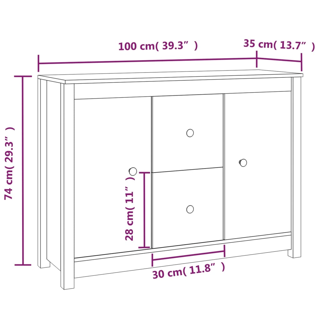 Dressoir 100X35X74 Cm Massief Grenenhout Wit