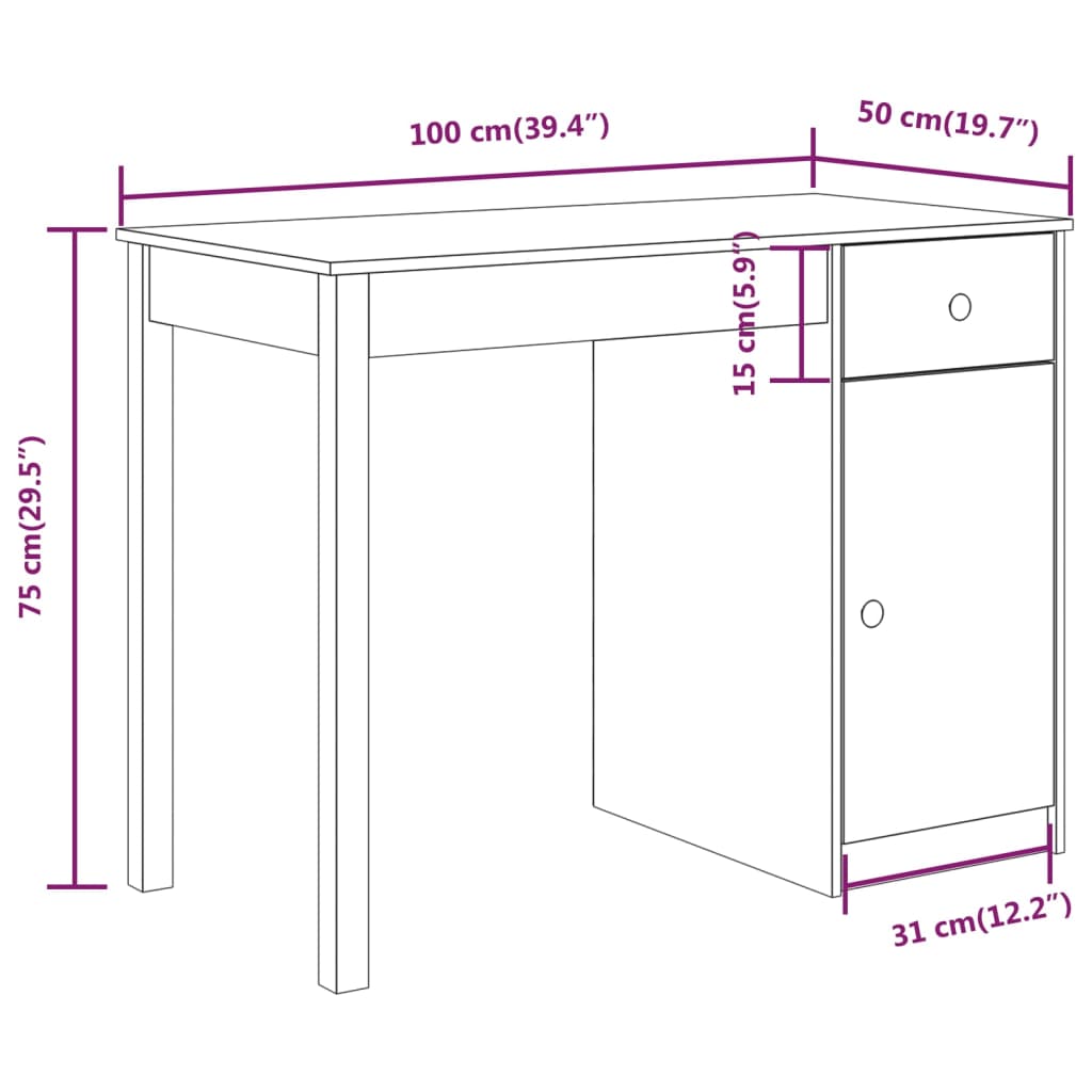 Bureau 100X50X75 Cm Massief Grenenhout Wit