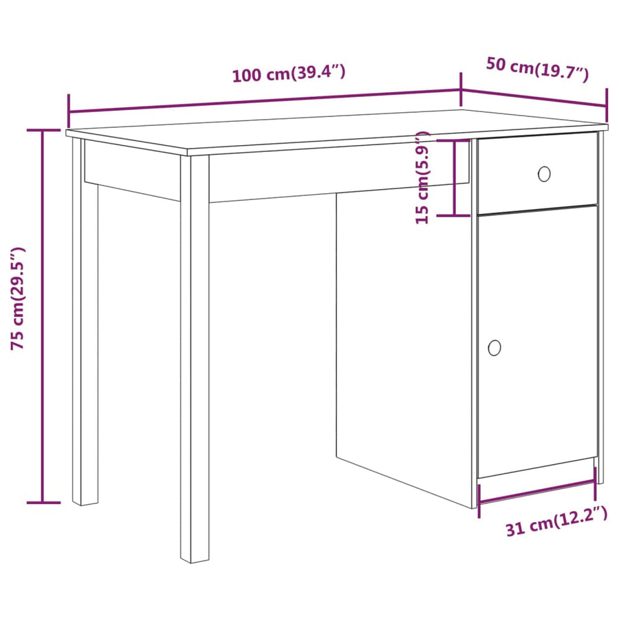 Bureau 100X50X75 Cm Massief Grenenhout Wit