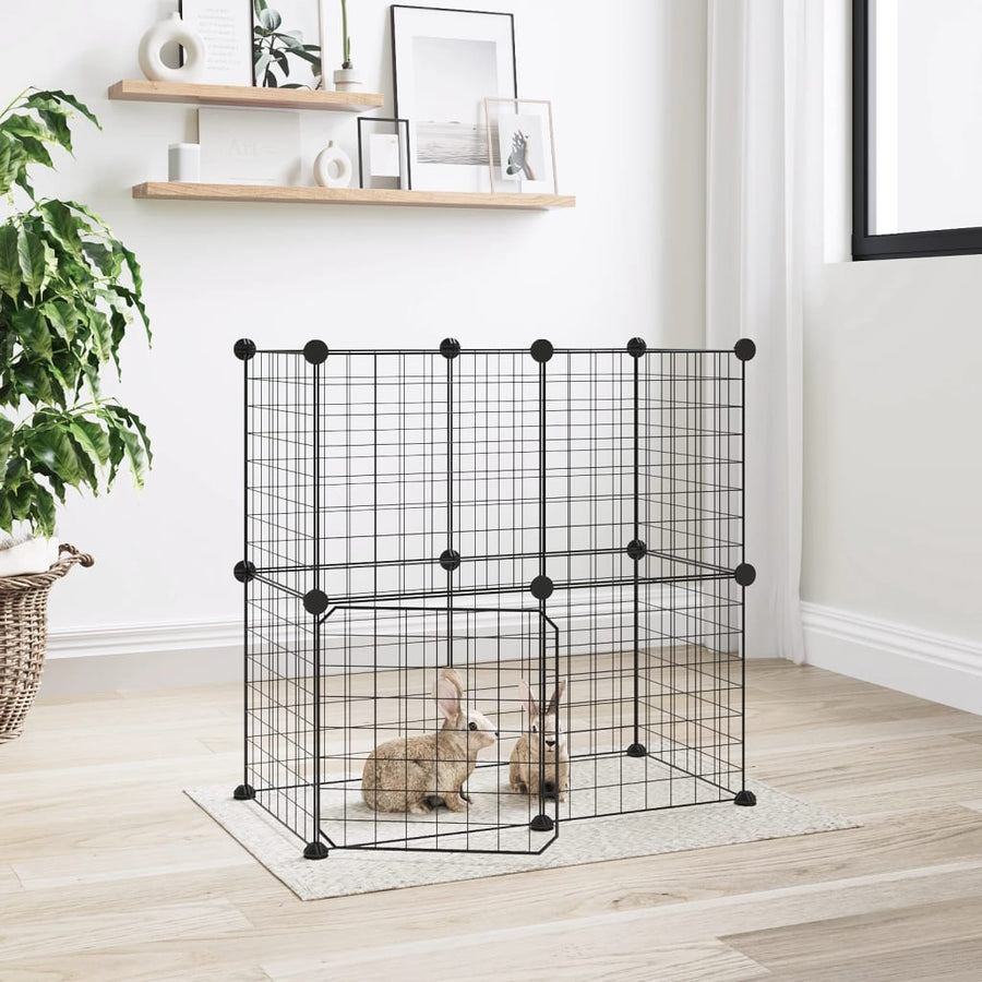 Huisdierenkooi met deur 12 panelen 35x35 cm staal zwart 4.3 cm