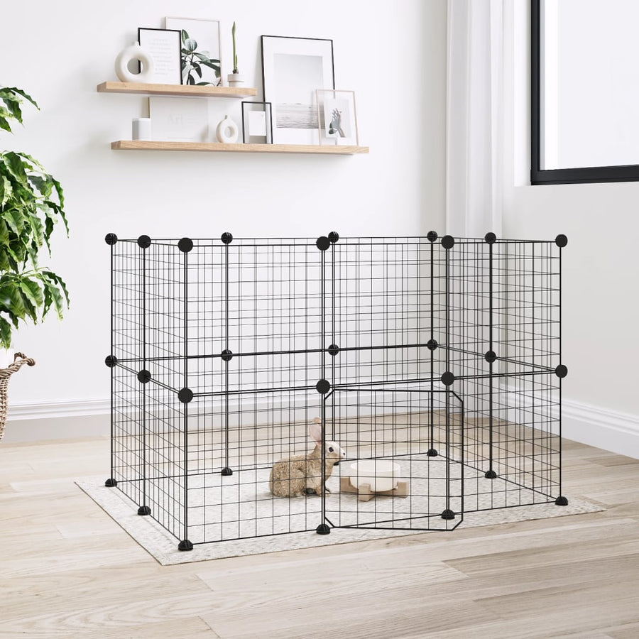 Huisdierenkooi met deur 20 panelen 35x35 cm staal zwart 4.3 cm 20 panelen met deur