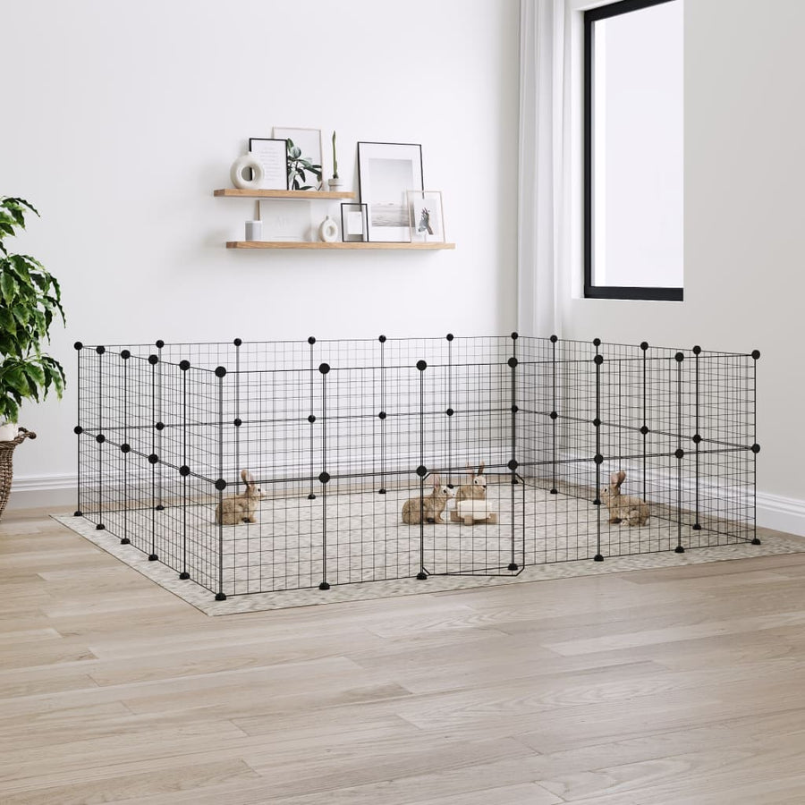 Huisdierenkooi met deur 44 panelen 35x35 cm staal zwart 4.3 cm 44 panelen met deur