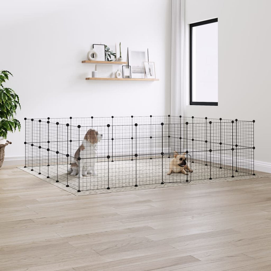 Huisdierenkooi met deur 52 panelen 35x35 cm staal zwart 4.3 cm 52 panelen met deur