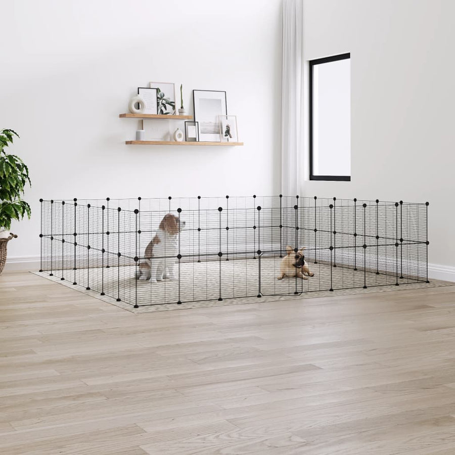 Huisdierenkooi met deur 60 panelen 35x35 cm staal zwart 4.3 cm 60 panelen met deur