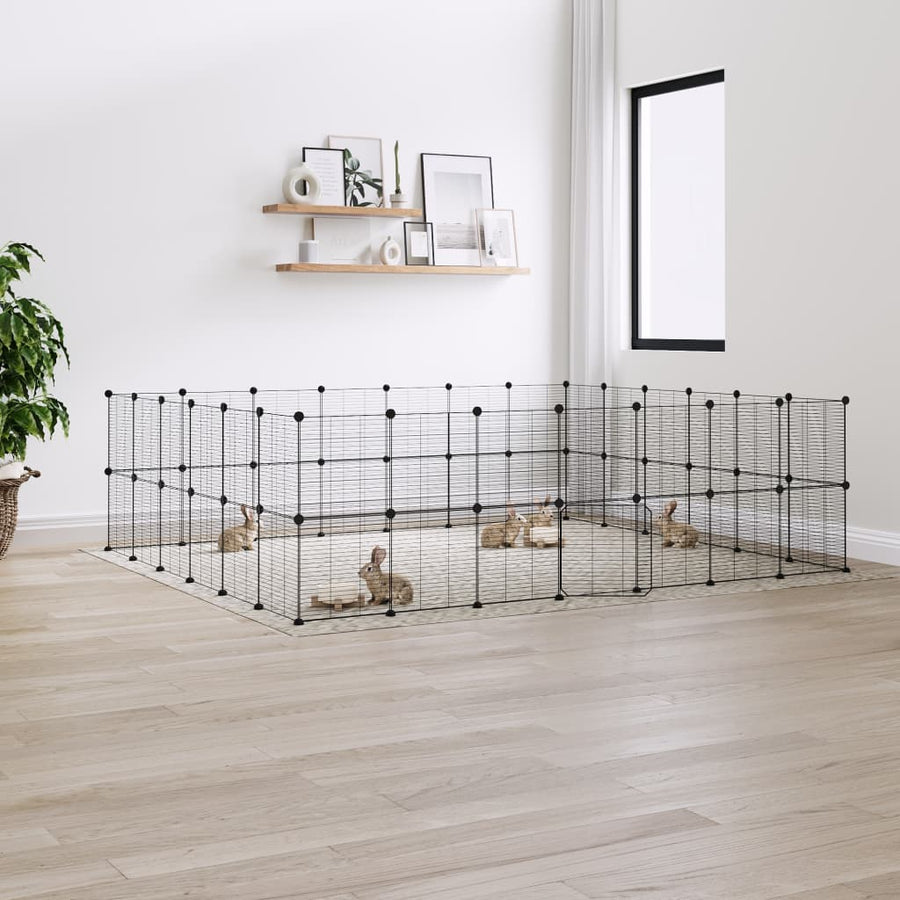 Huisdierenkooi met deur 52 panelen 35x35 cm staal zwart 1.5 cm