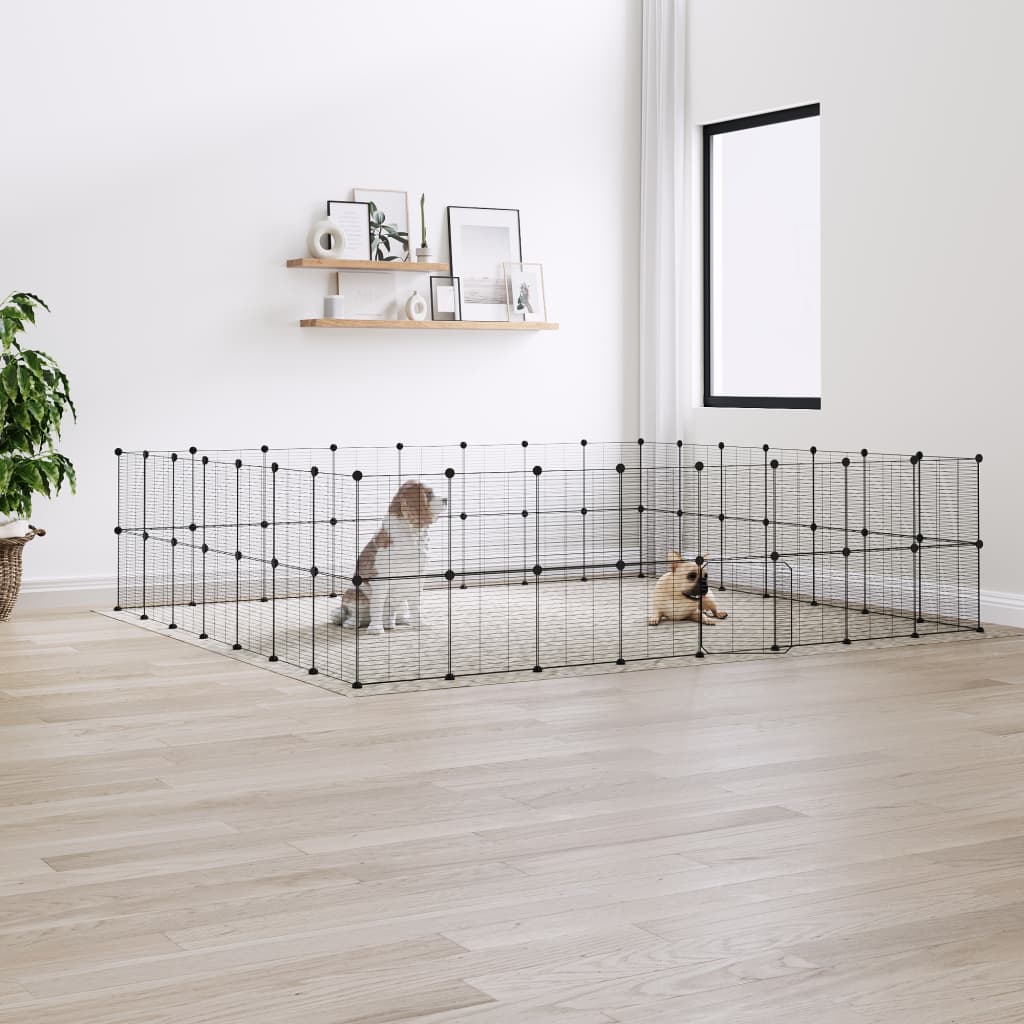 Huisdierenkooi met deur 60 panelen 35x35 cm staal zwart 1.5 cm 60 panelen met deur