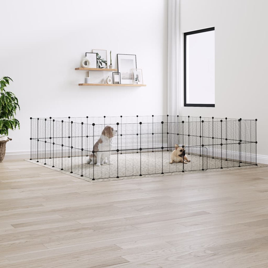 Huisdierenkooi met deur 60 panelen 35x35 cm staal zwart 1.5 cm 60 panelen met deur