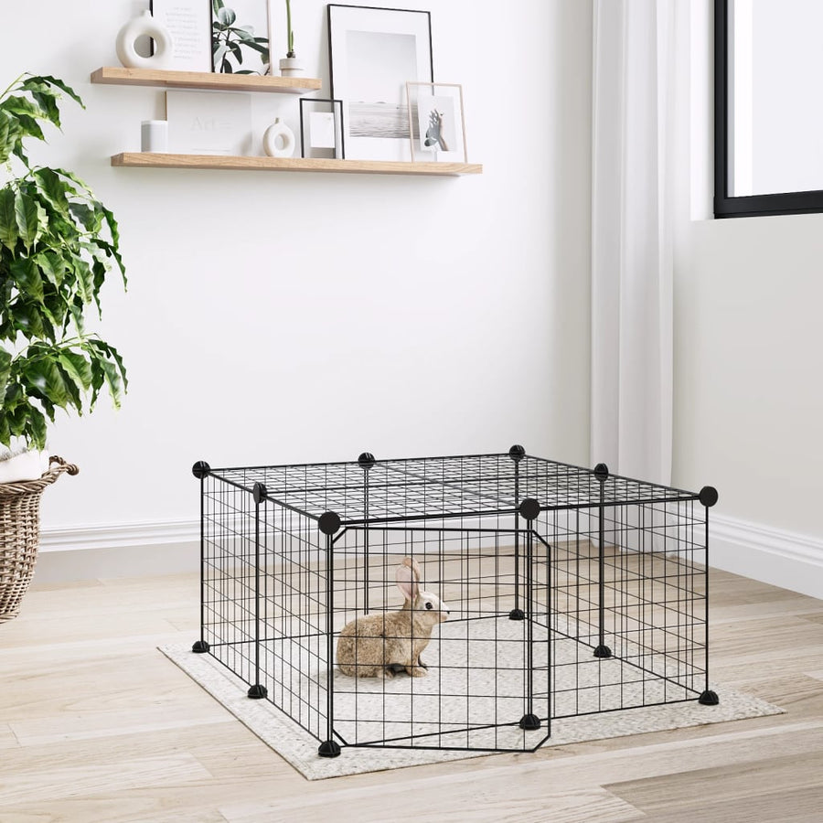 Huisdierenkooi met deur 12 panelen 35x35 cm staal zwart 4.3 cm